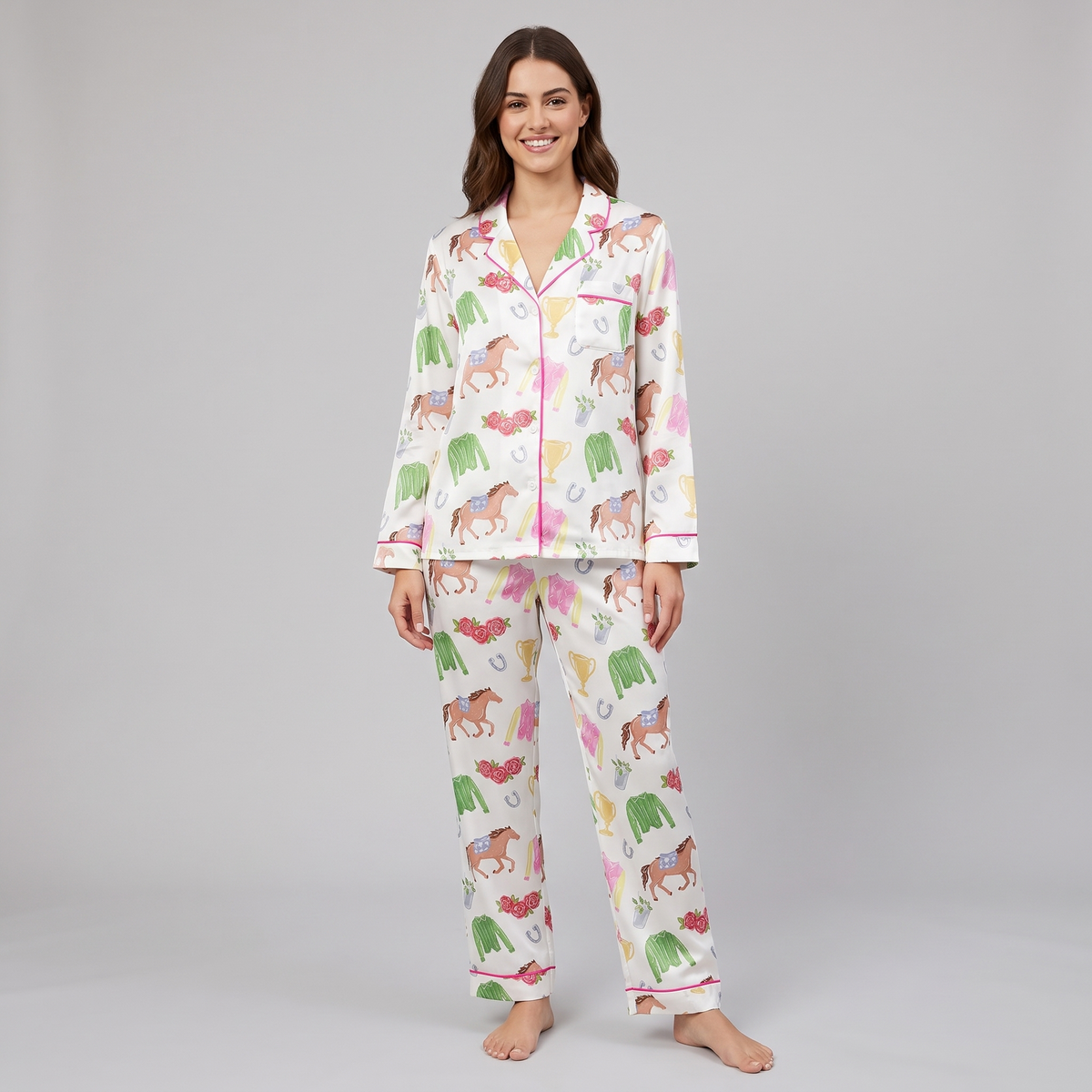 Pastel Silks Rosy Horses Women's Pajama Set - long sleeve and pants