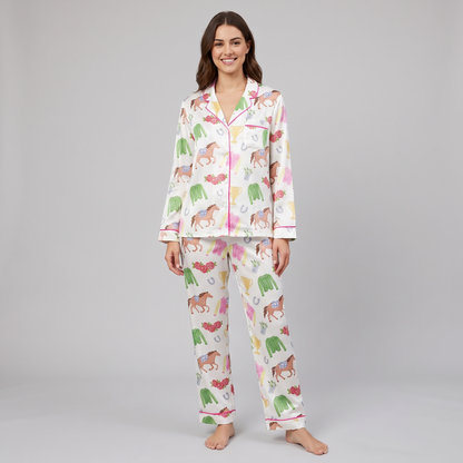 Pastel Silks Rosy Horses Women's Pajama Set - long sleeve and pants