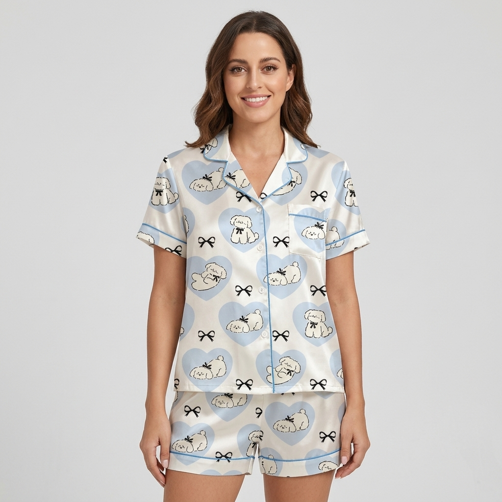 Women's satin pajama set with sleepy white fluffy dogs in sky-blue hearts on white - short sleeve and shorts