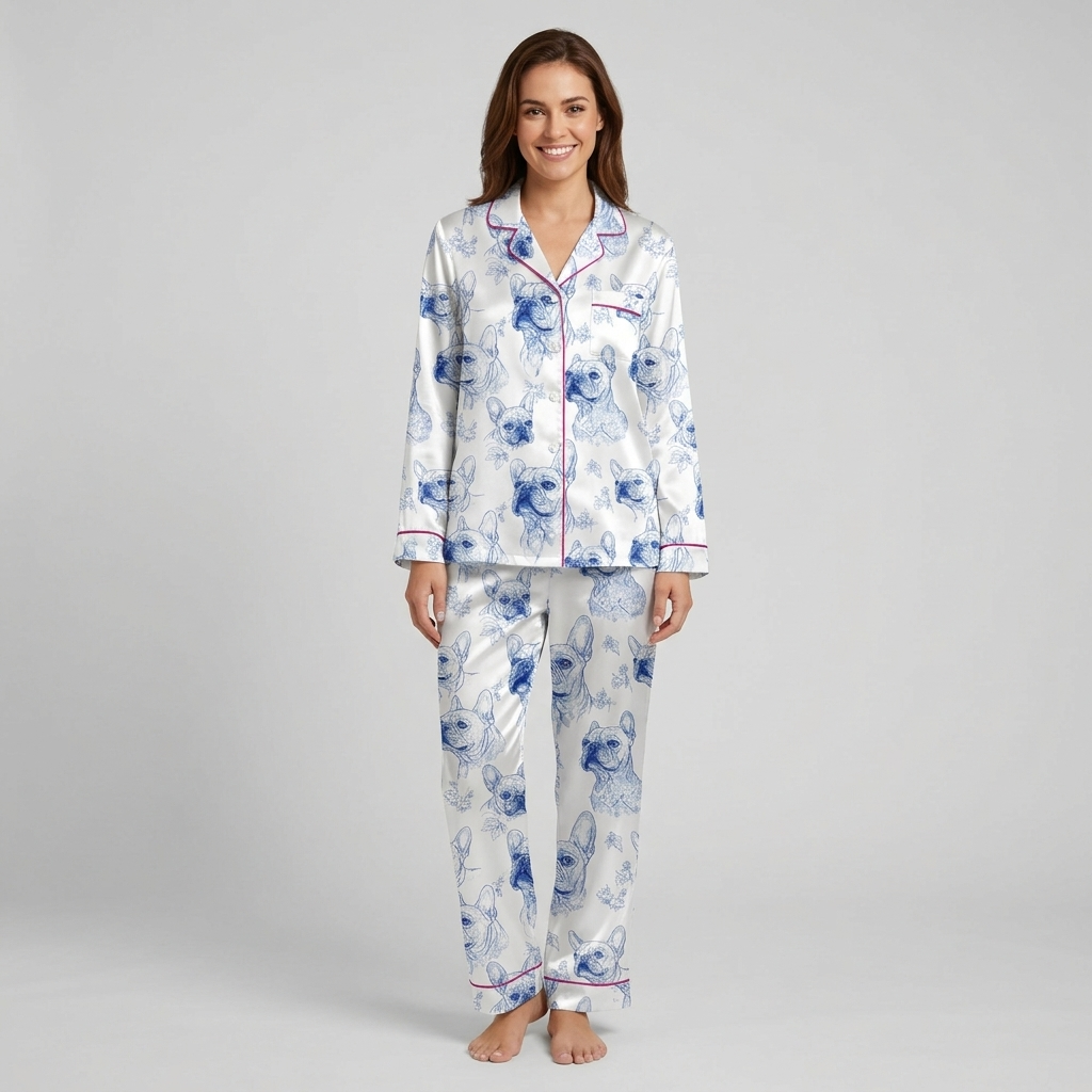 Women's satin pajama set with blue ink sketched French bulldog faces on white with fuchsia piping - long sleeve and pants