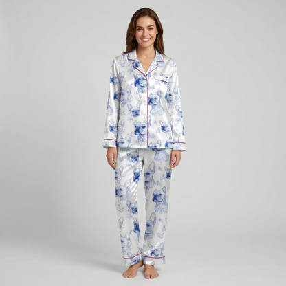 Women's satin pajama set with blue ink sketched French bulldog faces on white with fuchsia piping - long sleeve and pants