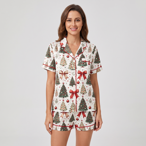 Trees & Red Bows Women's Pajama Set - short sleeve and shorts