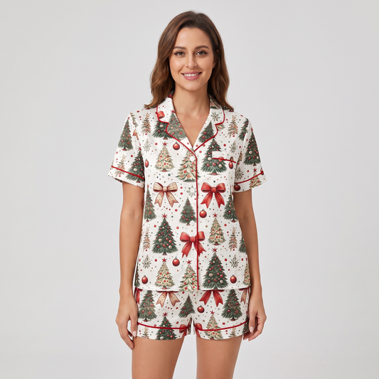 Trees & Red Bows Women's Pajama Set - short sleeve and shorts