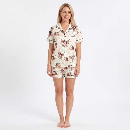 Leopard Bow Santa Women's Pajama Set - short sleeve and shorts