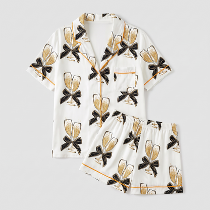 Champagne & Black Bows Women's Pajama Set - flat lay