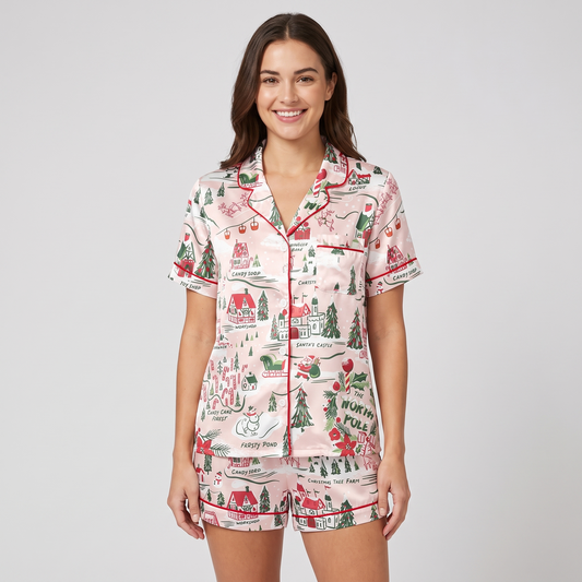 North Pole Village Map Women's Pajama Set - short sleeve and shorts