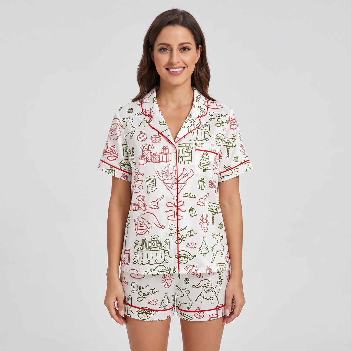 Santa Line Art Women's Pajama Set - short sleeve and shorts
