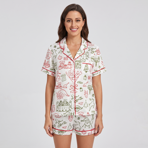 Santa Line Art Women's Pajama Set - short sleeve and shorts