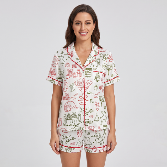 Santa Line Art Women's Pajama Set - short sleeve and shorts