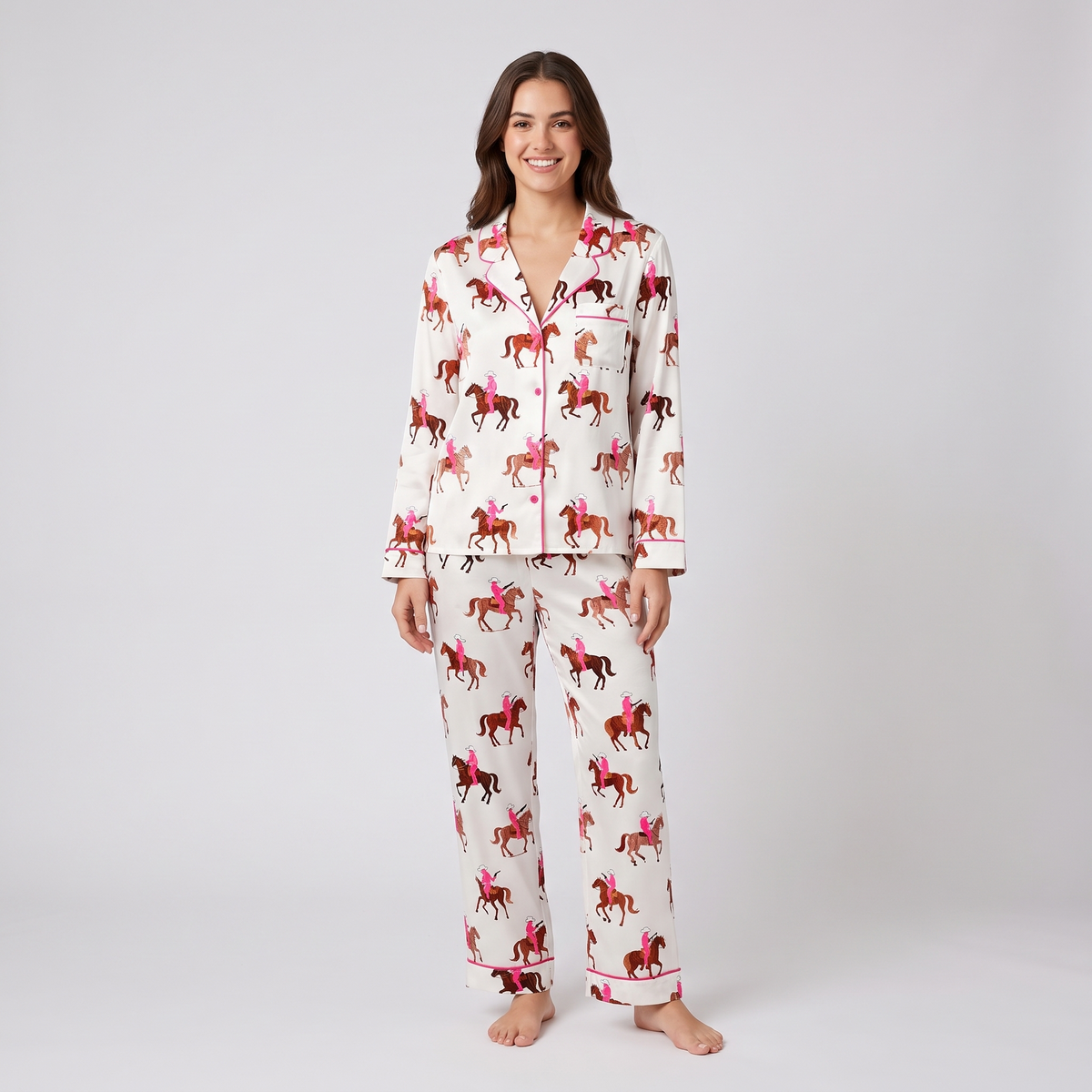 Pink Cowgirl Riders Horse Women's Pajama Set - long sleeve and pants