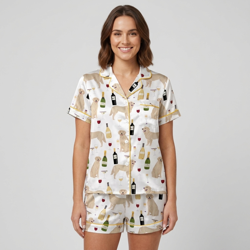 Women's satin pajama set with cream golden retrievers, wine bottles and goblets on white with gold piping - short sleeve and shorts