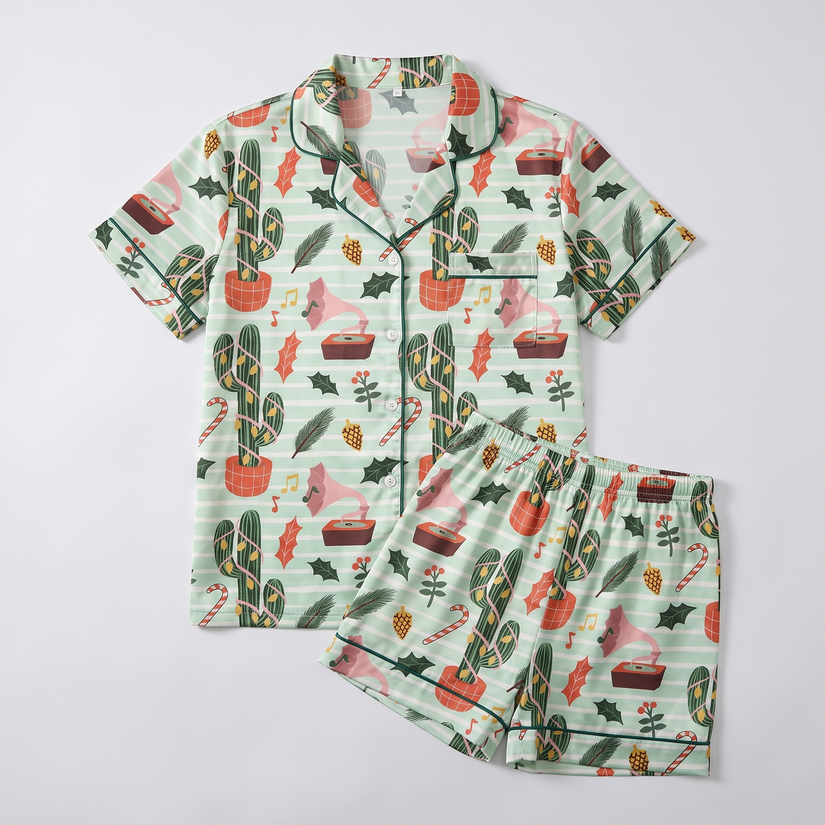 Mint Cactus Christmas Women's Pajama Set - flat lay