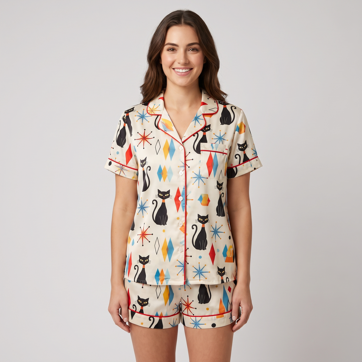 Atomic Age Cats Women's Pajama Set - short sleeve and shorts