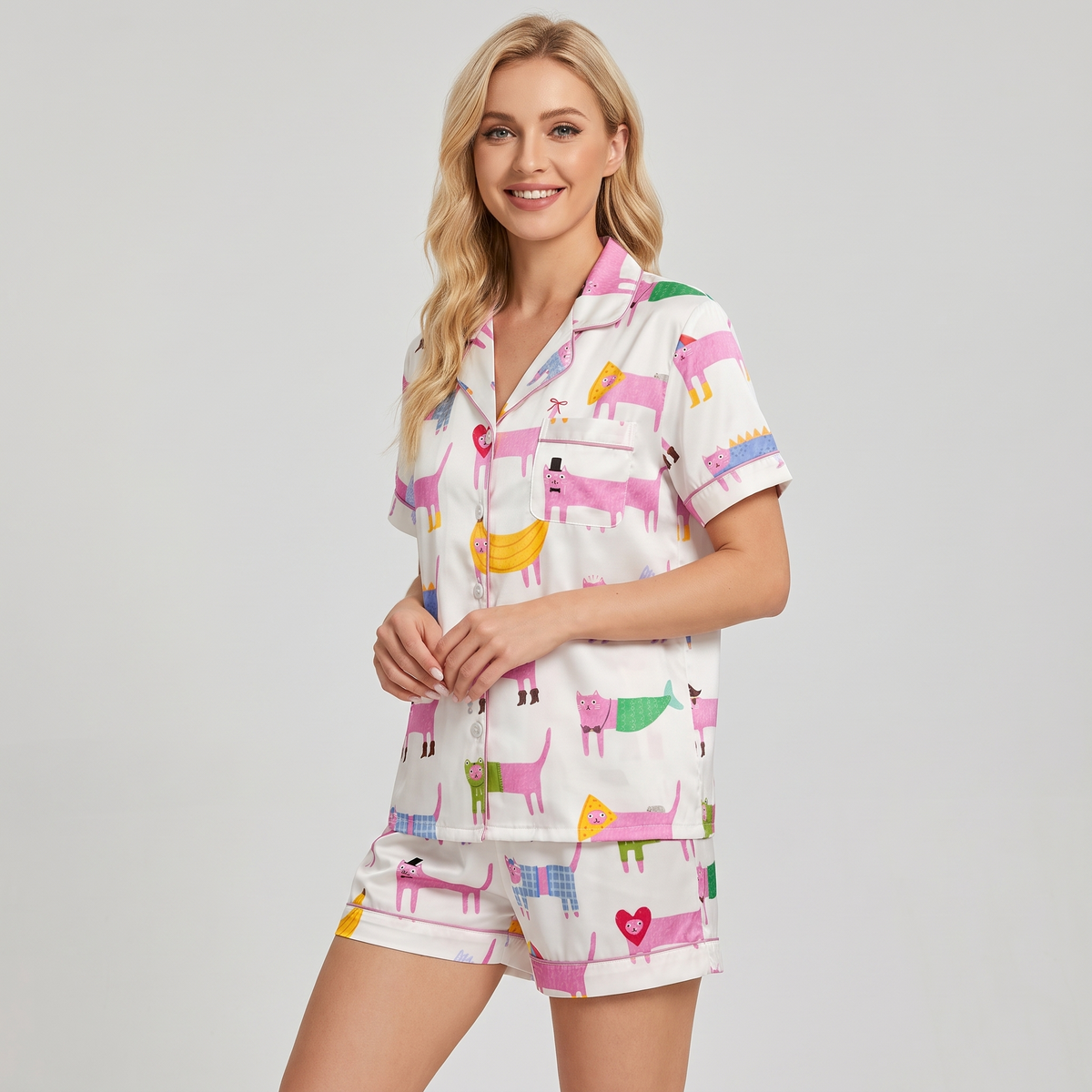 Pink Cat Parade Women's Pajama Set - short sleeve and shorts