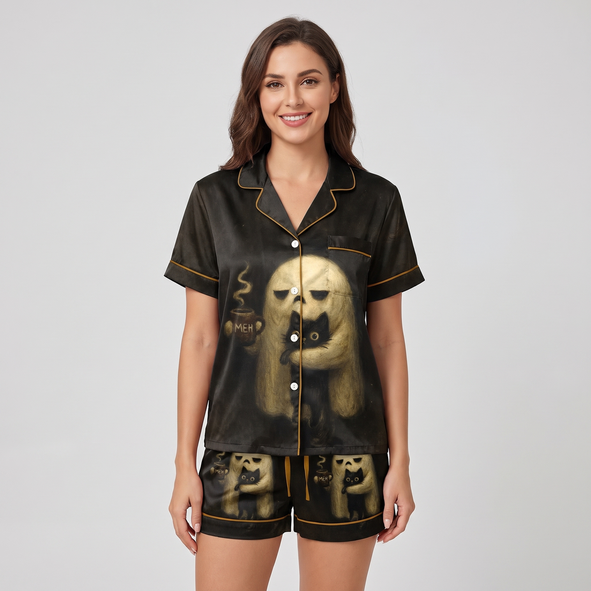 Moody Ghost and Cat Women's Pajama Set - short sleeve and shorts