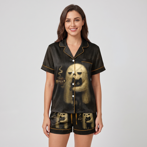 Moody Ghost and Cat Women's Pajama Set - short sleeve and shorts