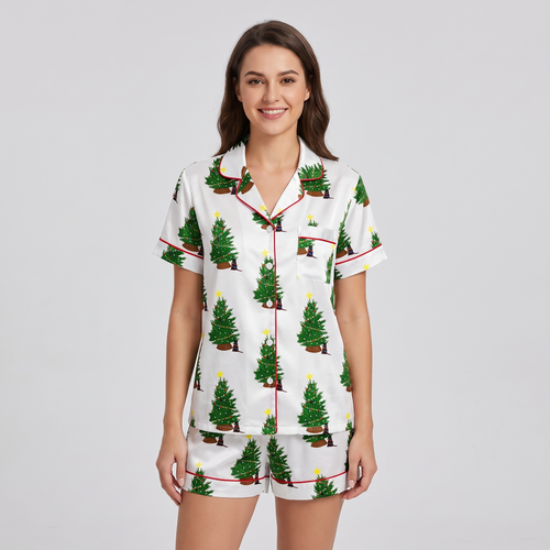 Twinkling Christmas Trees Women's Pajama Set - short sleeve and shorts