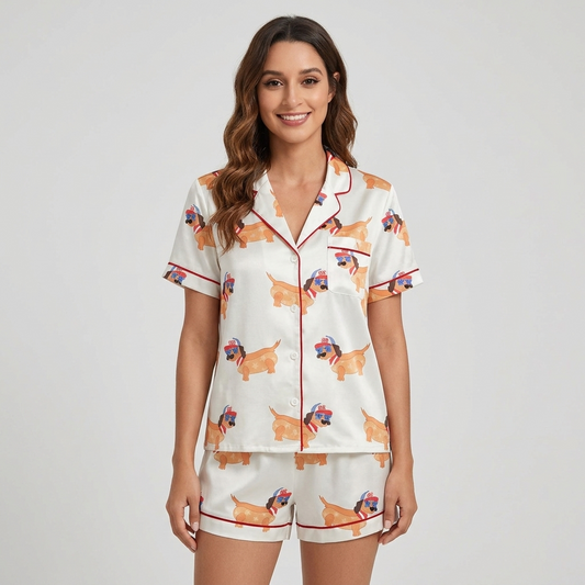 Women's satin pajama set with golden-orange dachshunds in patriotic sunglasses and caps on white - short sleeve and shorts