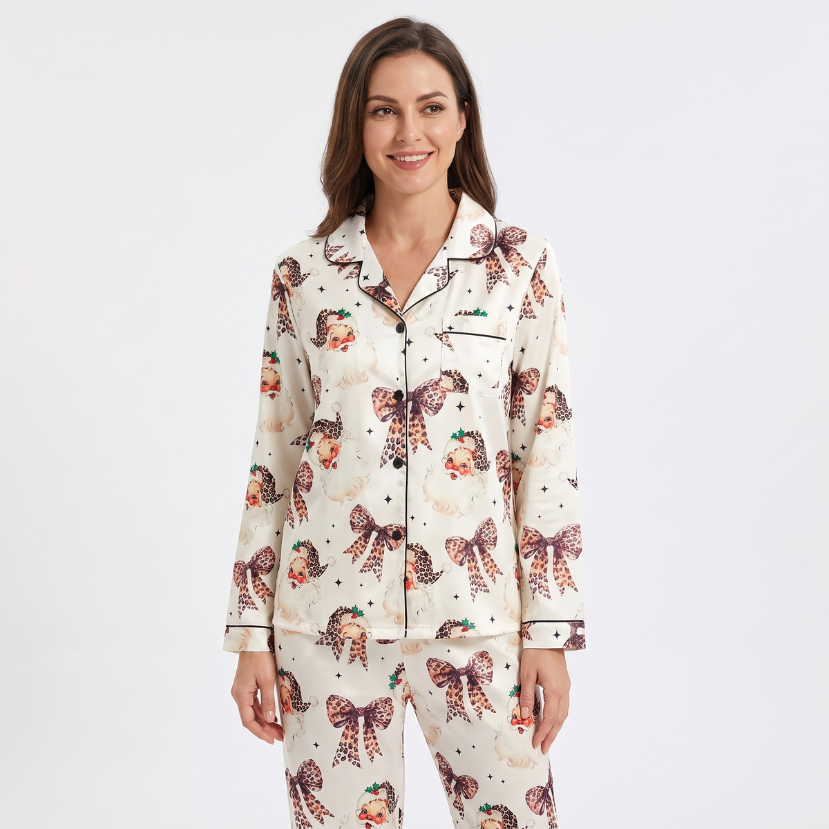 Leopard Bow Santa Women's Pajama Set - long sleeve and pants