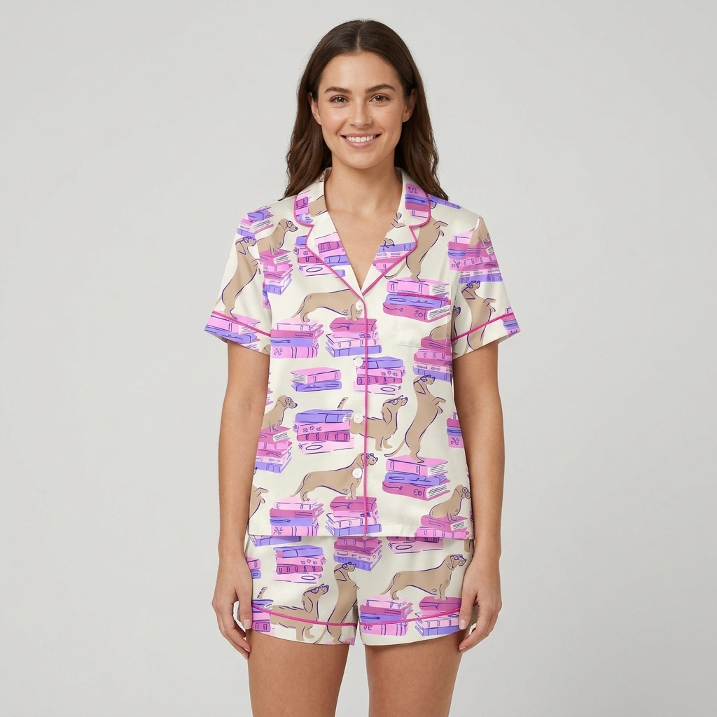 Women's satin pajama set with tan dachshunds sprawled on stacks of pink and purple books on white - short sleeve and shorts