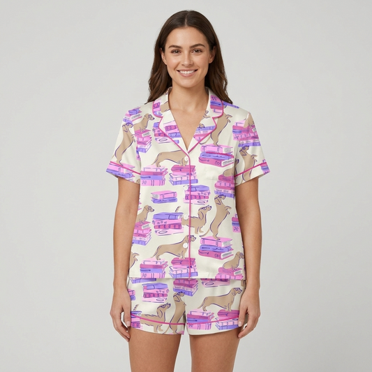 Women's satin pajama set with tan dachshunds sprawled on stacks of pink and purple books on white - short sleeve and shorts