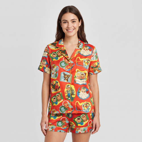 Vintage Kitsch Christmas Women's Pajama Set - short sleeve and shorts