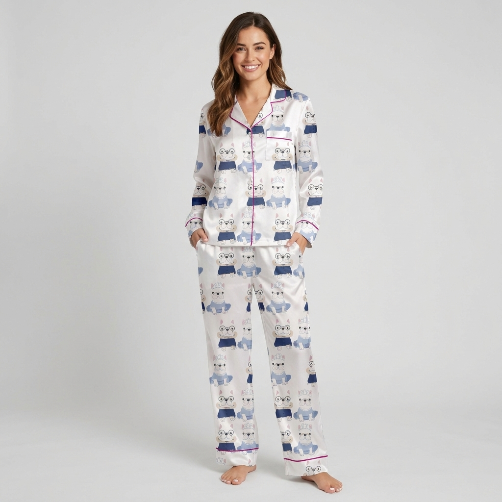 Women's satin pajama set with frenchies in round glasses and navy jackets beside a tiara-wearing pup in a tutu - long sleeve and pants