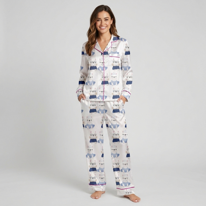 Women's satin pajama set with frenchies in round glasses and navy jackets beside a tiara-wearing pup in a tutu - long sleeve and pants