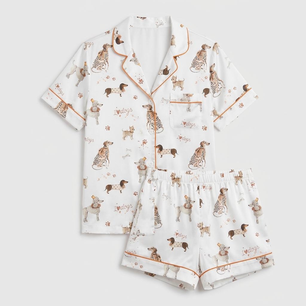 Women's long-sleeve satin pajama set with hand-drawn hounds, spaniels and puppies with bones on white - flat lay