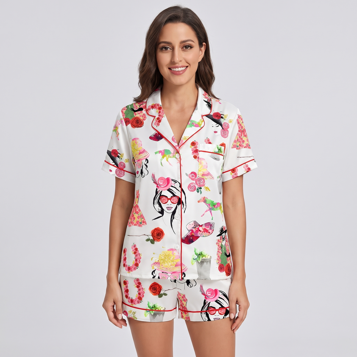 Derby Hat Girls Roses Horse Women's Pajama Set - short sleeve and shorts