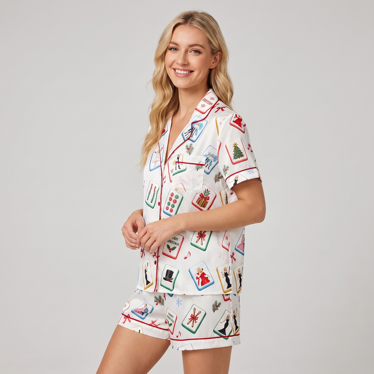 White Christmas Mahjong Inspired Women's Pajama Set - short sleeve and shorts
