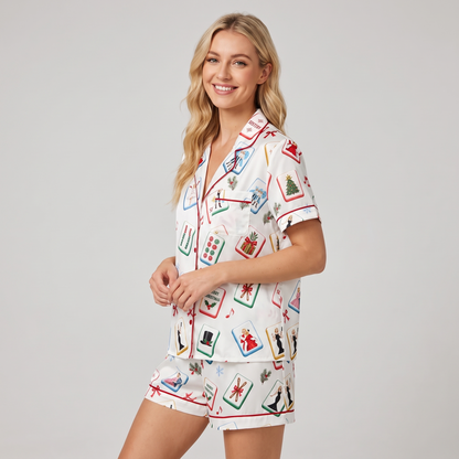 White Christmas Mahjong Inspired Women's Pajama Set - short sleeve and shorts