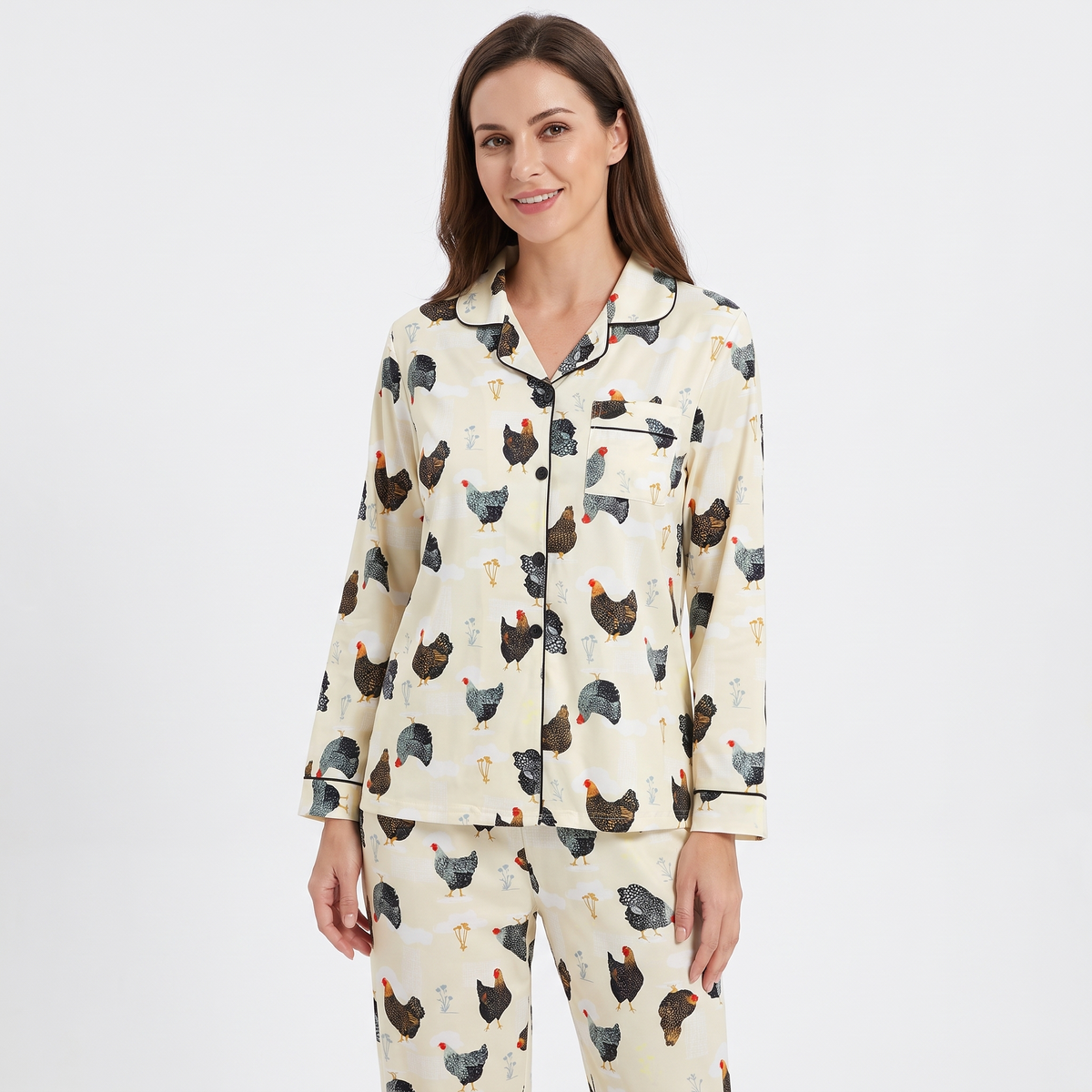 Hen House Women's Pajama Set - Cream Hens - long sleeve and pants