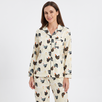 Hen House Women's Pajama Set - Cream Hens - long sleeve and pants