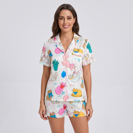 Pastel Plant Kitties Women's Pajama Set - short sleeve and shorts