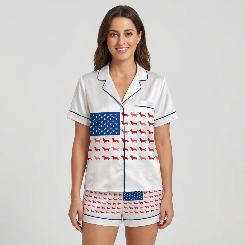 Women's satin pajama set with a flag of paw prints and red dachshunds across the chest on white - short sleeve and shorts