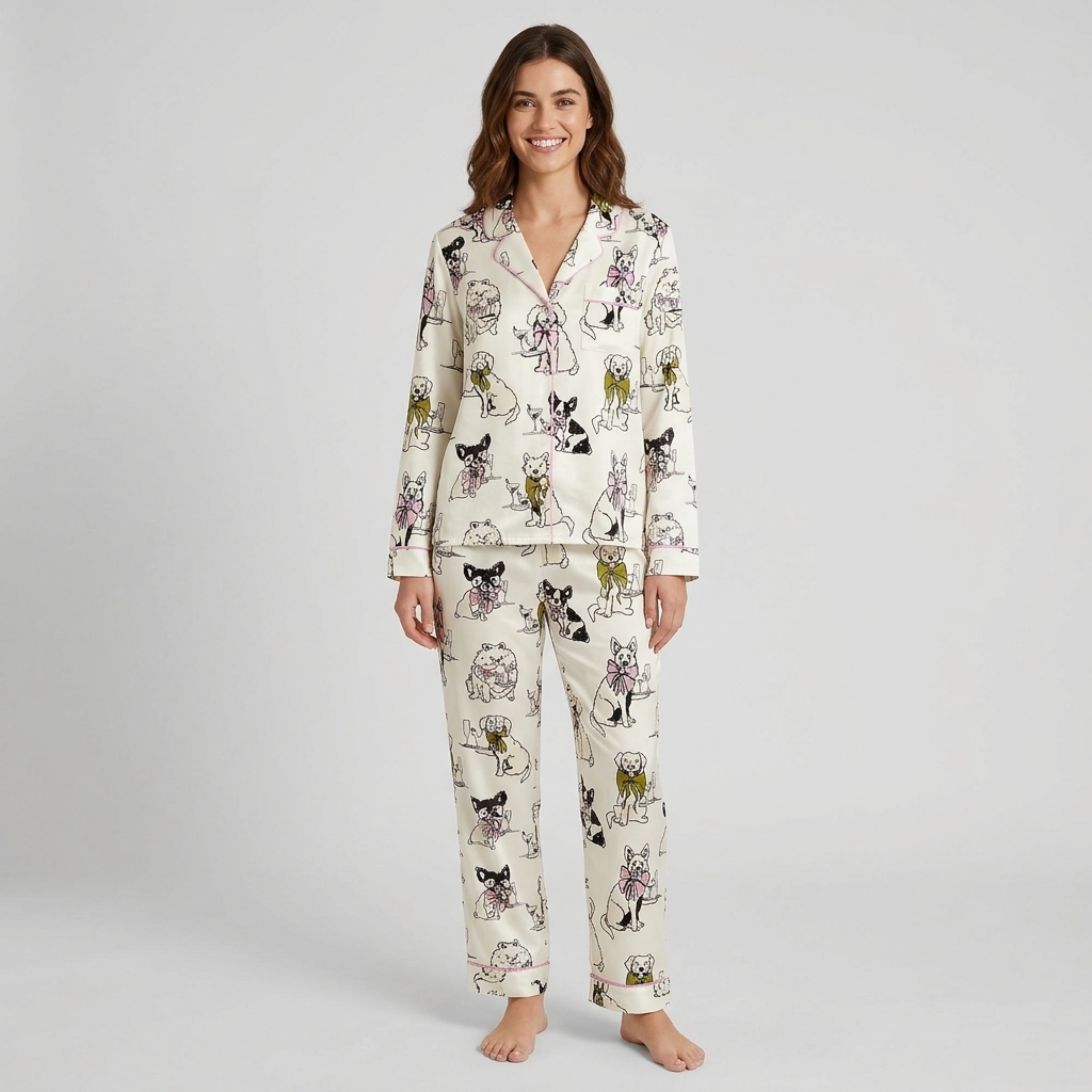 Women's satin pajama set with sketchy dogs in giant ribbon bows holding wine glasses on white - long sleeve and pants