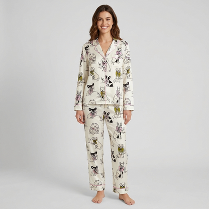 Women's satin pajama set with sketchy dogs in giant ribbon bows holding wine glasses on white - long sleeve and pants