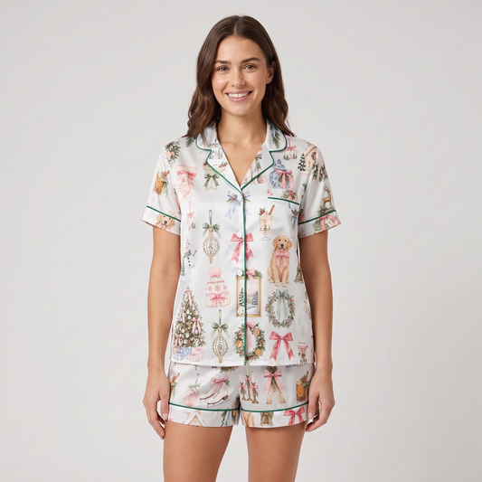 Preppy Pup & Kitty Cocktails Women's Pajama Set - short sleeve and shorts