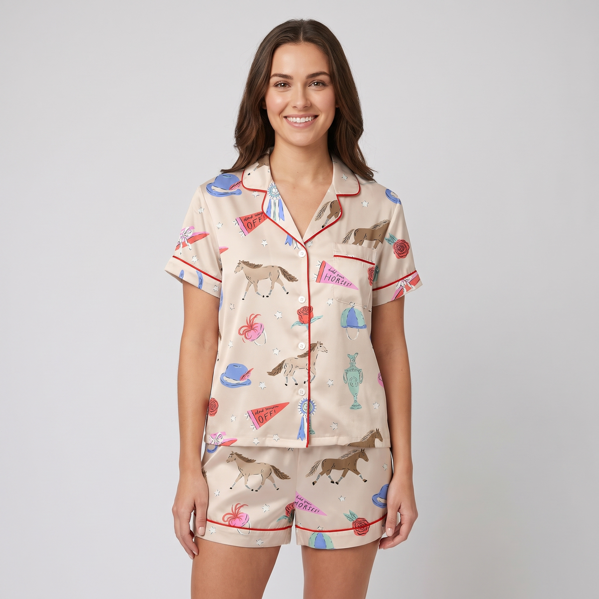 Pennant Parade Horses Women's Pajama Set - short sleeve and shorts