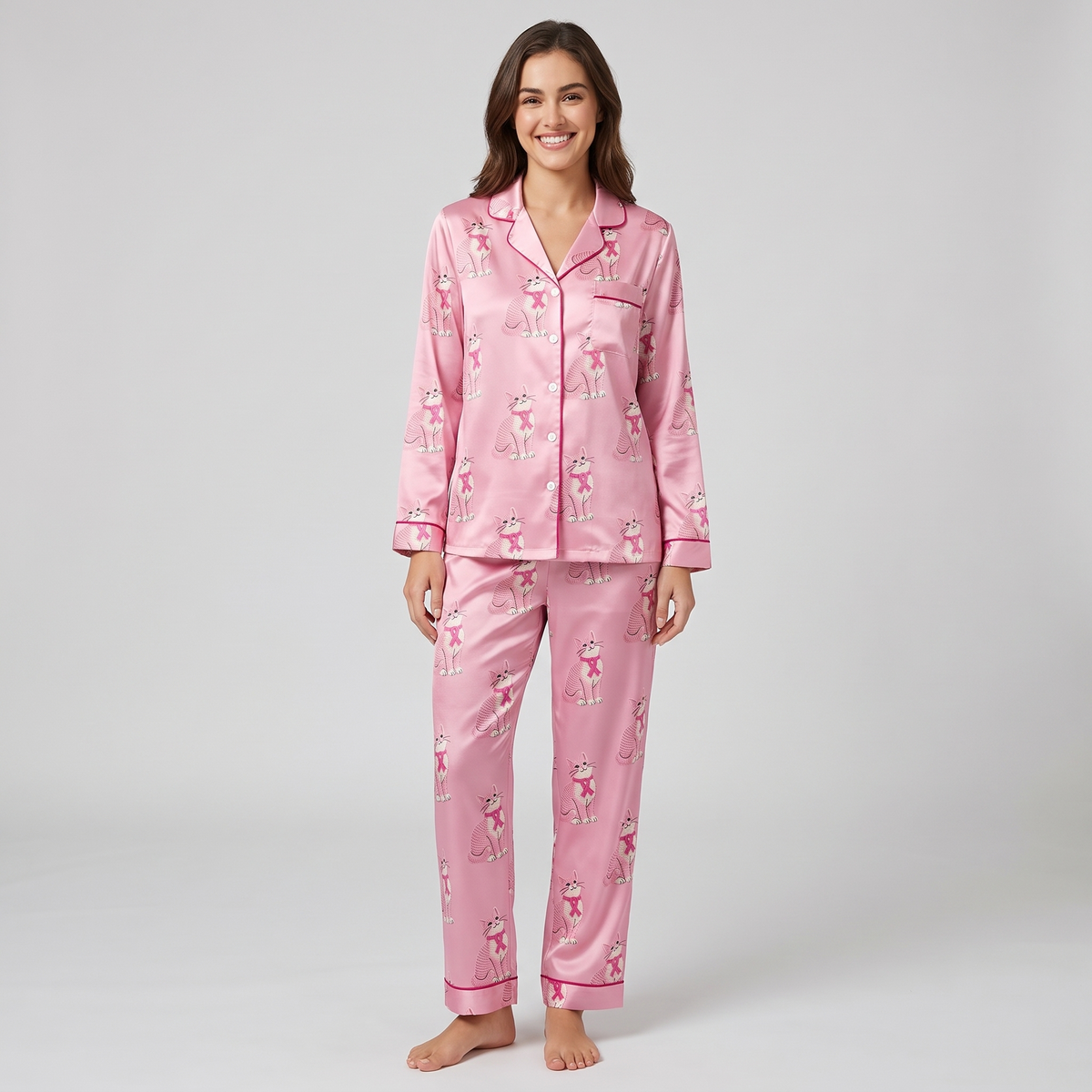 Pink Ribbon Cats Women's Pajama Set - long sleeve and pants