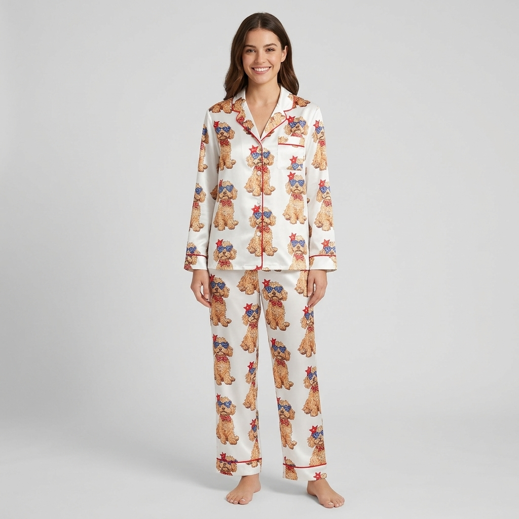Women's satin pajama set with curly Goldendoodles in star sunglasses and red bow ties on white with red piping - long sleeve and pants