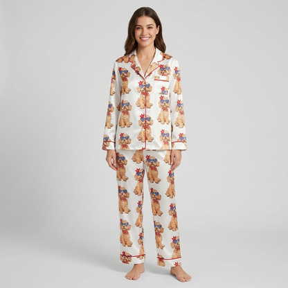 Women's satin pajama set with curly Goldendoodles in star sunglasses and red bow ties on white with red piping - long sleeve and pants