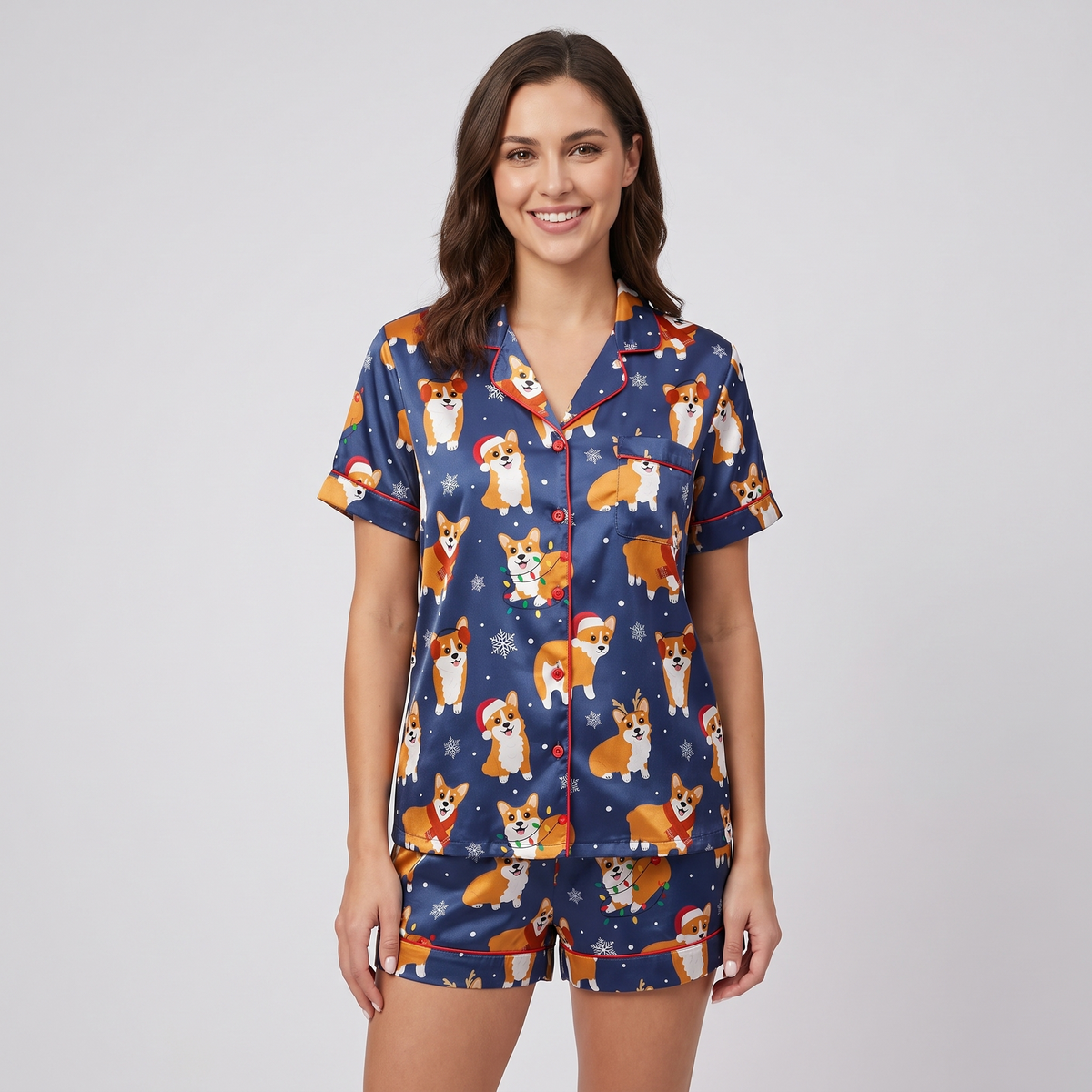 Navy Corgi Christmas Women's Pajama Set - short sleeve and shorts