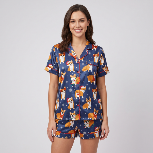 Navy Corgi Christmas Women's Pajama Set - short sleeve and shorts