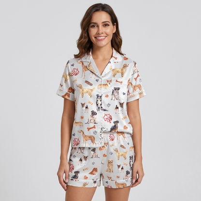 Women's satin pajama set with watercolor golden retrievers, corgis and pugs, bones and paw prints on white - short sleeve and shorts