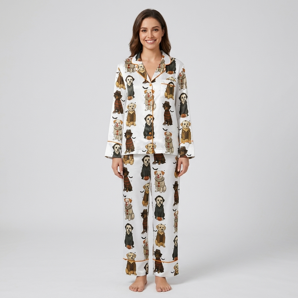 Women's satin pajama set with dogs in Halloween masks, hoods and hats beside jack-o'-lanterns on white - long sleeve and pants