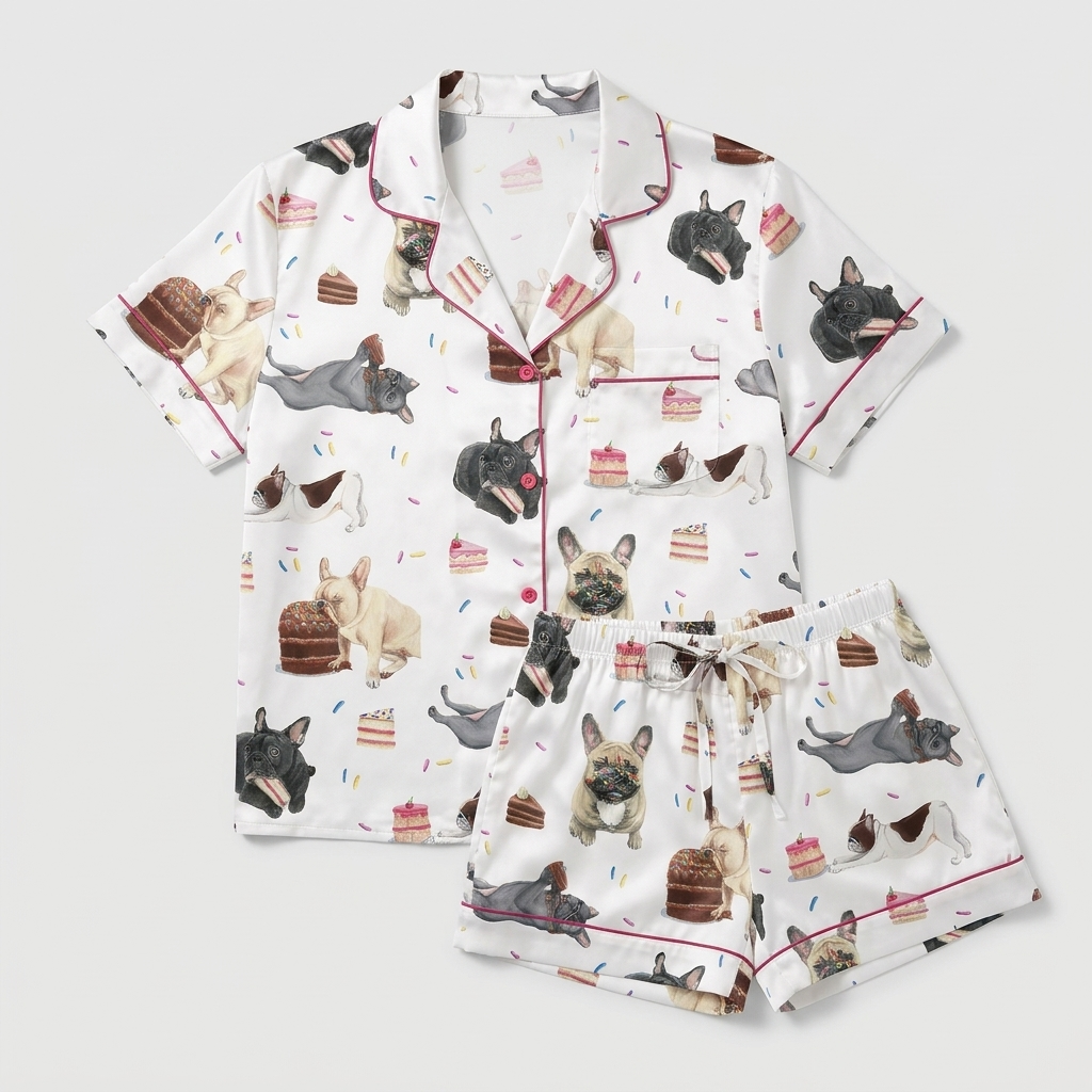 Women's satin pajama set with cream, fawn and charcoal French bulldogs with cake and strawberries on white - flat lay