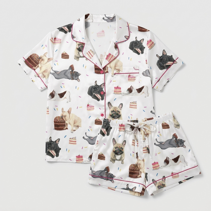 Women's satin pajama set with cream, fawn and charcoal French bulldogs with cake and strawberries on white - flat lay