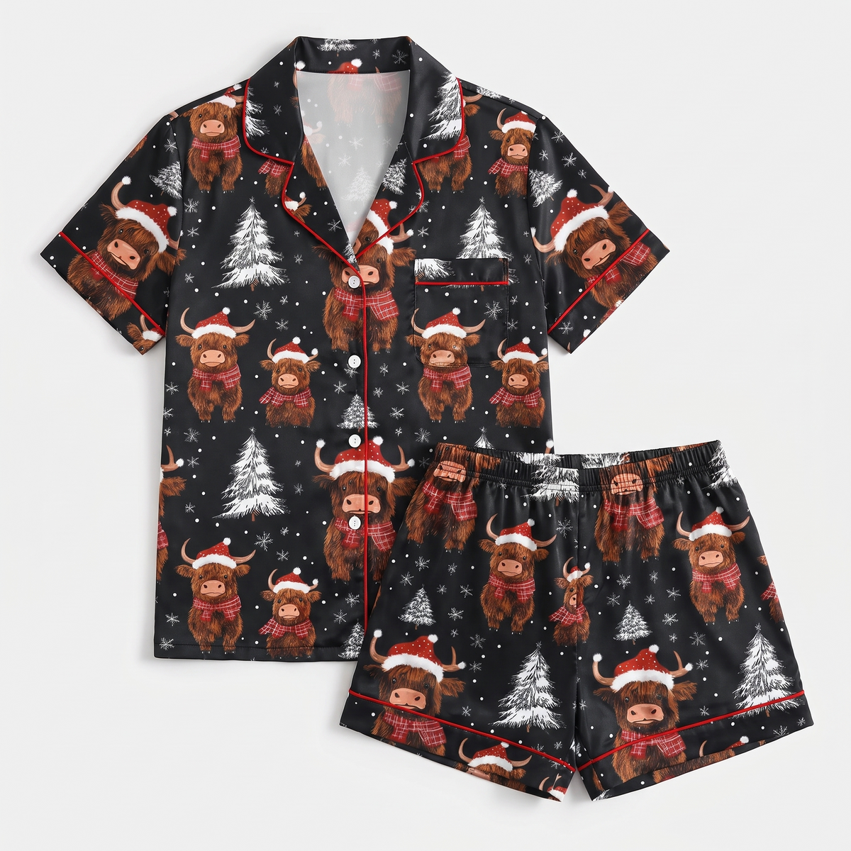 Midnight Highland Cows Women's Pajama Set - flat lay
